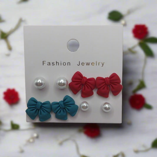 Bows & Pearls Earrings (4 Pair Set)