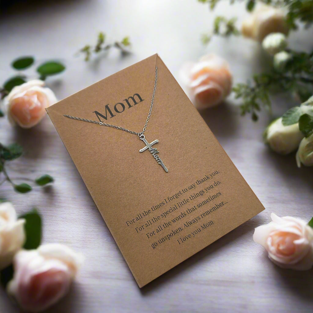 Stainless Steel Mom Cross Necklace with Card