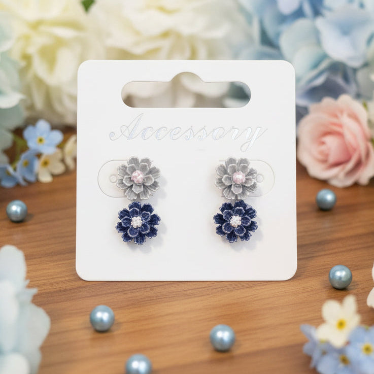 Gray & Dark Blue 9mm Pearly Flower Earring Set