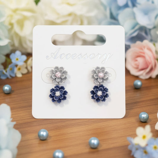 Gray & Dark Blue 9mm Pearly Flower Earring Set