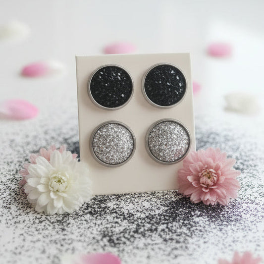 14mm Black & Silver Imitation Druzy Earring Set