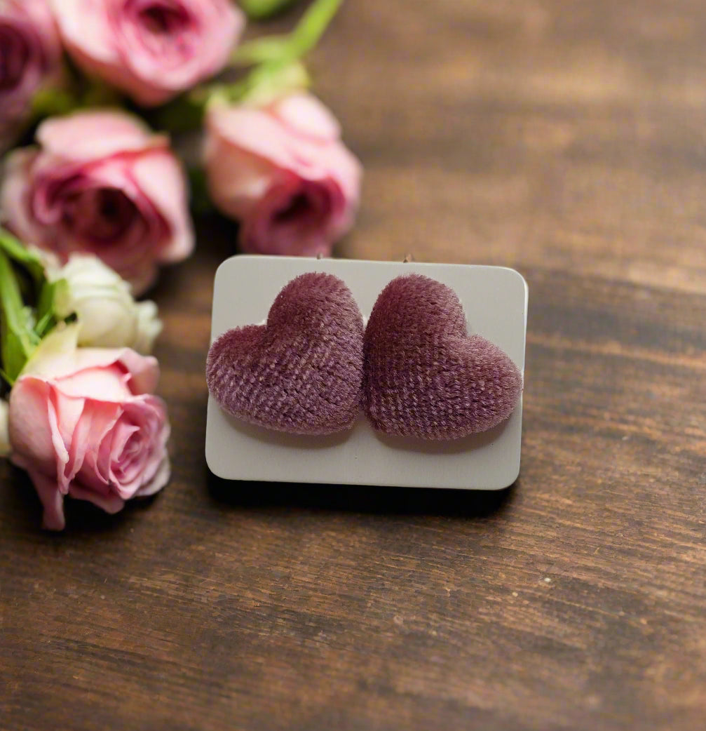 Dusty Rose Velvet Heart Earrings (15mm)