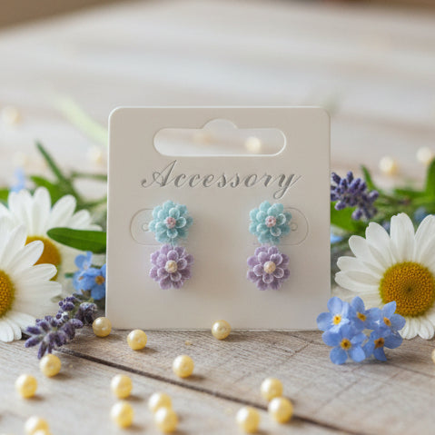 Mint & Purple 9mm Pearly Flower Earring Set