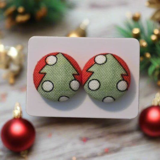 Jolly Christmas Trees Fabric Button Earrings (16mm)