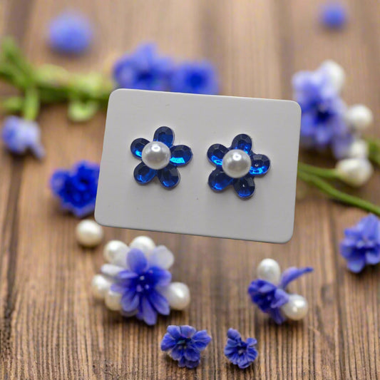Blue Flowers & Pearls Earrings (11mm)