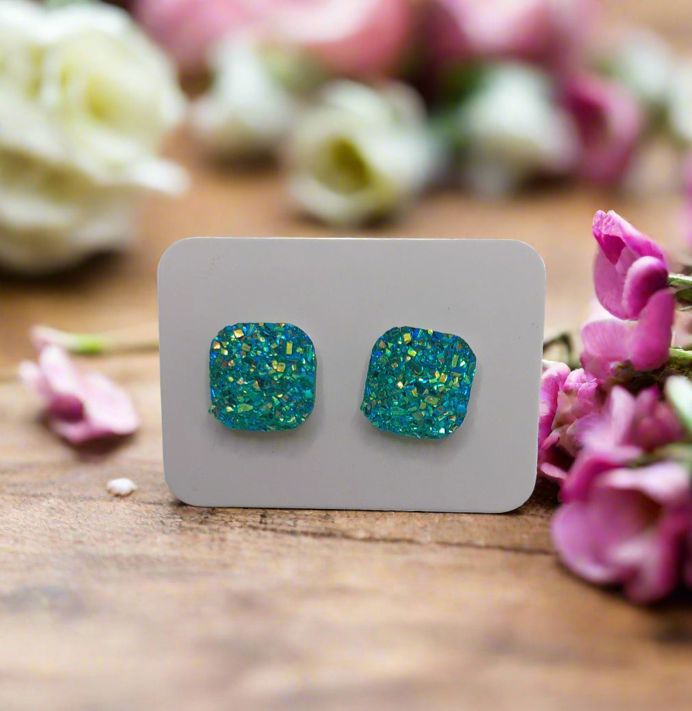 Seafoam Square Imitation Druzy Earrings (9mm)