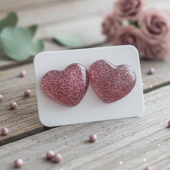 Dusty Rose Glitter Heart Earrings (16mm)
