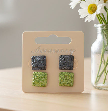 12mm Gray & Green Pearlescent Textured Square Earring Set