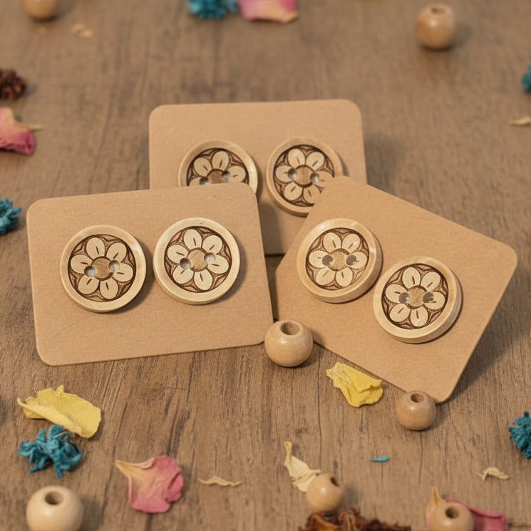Wood Carved Flower Button Earrings (13mm)