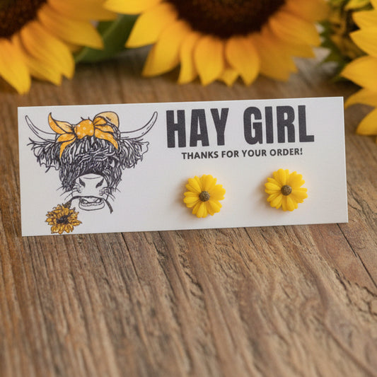 Hay Girl, Thank You for Order Card with 9mm Sunflower Earrings