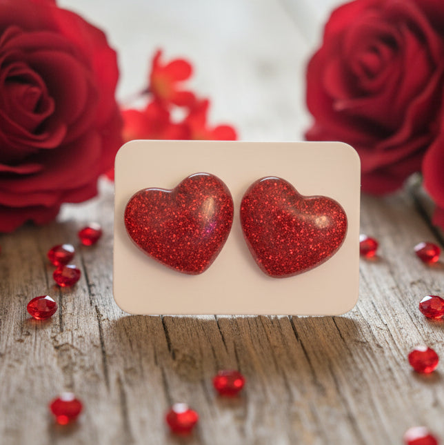 Red Glitter Heart Earrings (16mm)