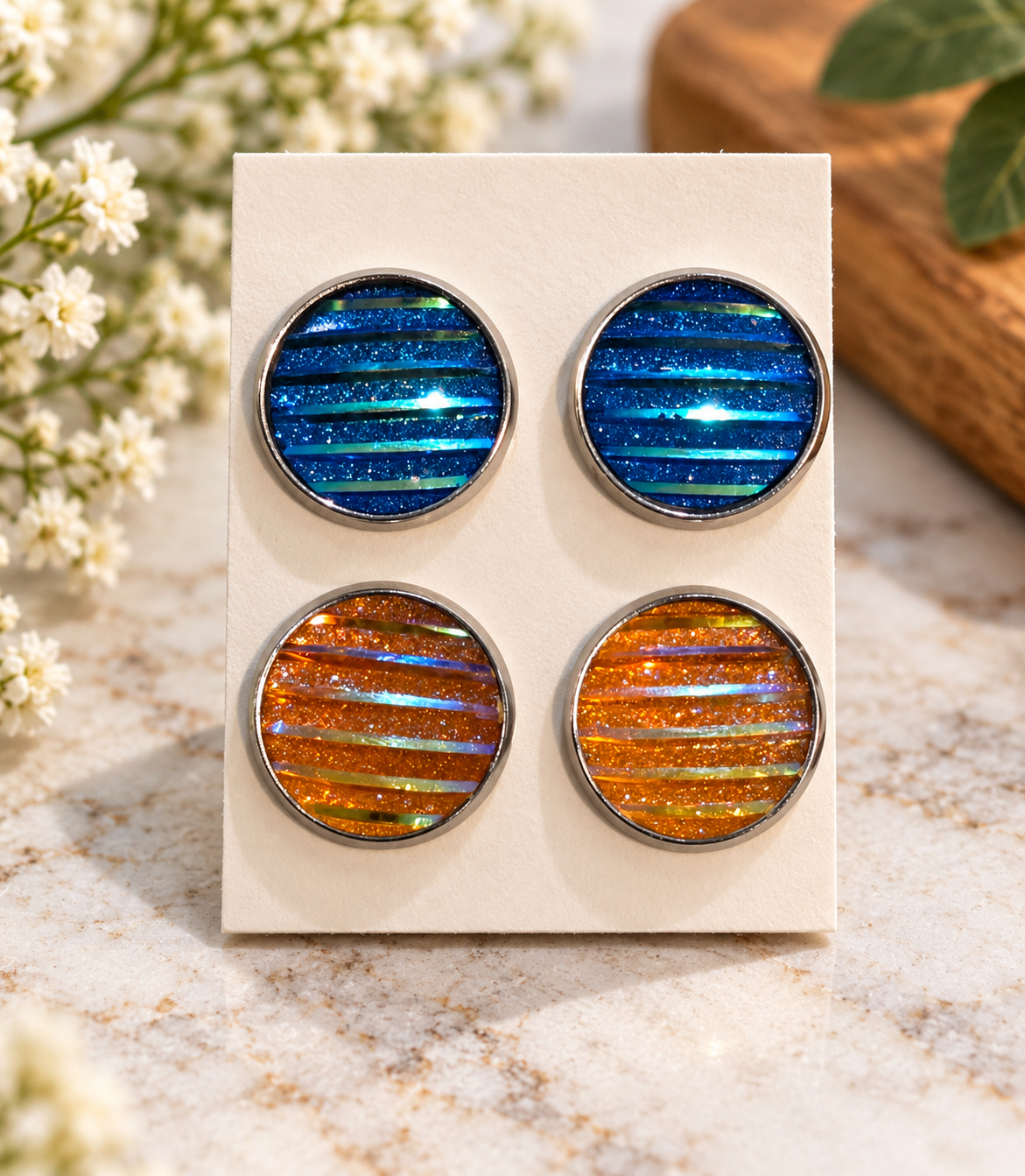 Blue & Orange 14mm Sparkle & Stripes (2 Pair) Earring Set