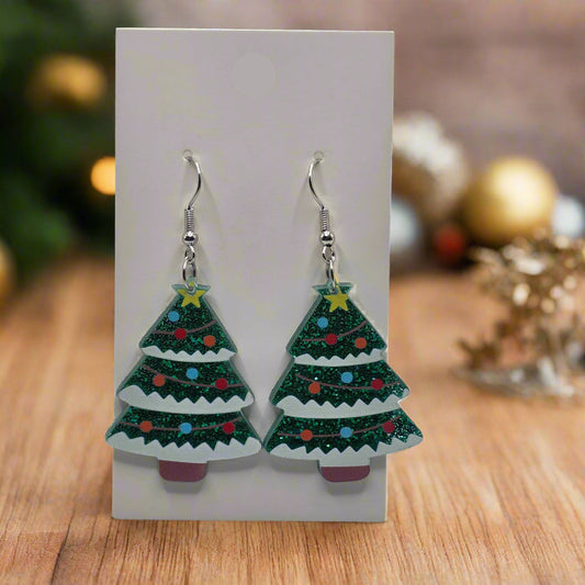 Glittery Christmas Tree Dangle Earrings