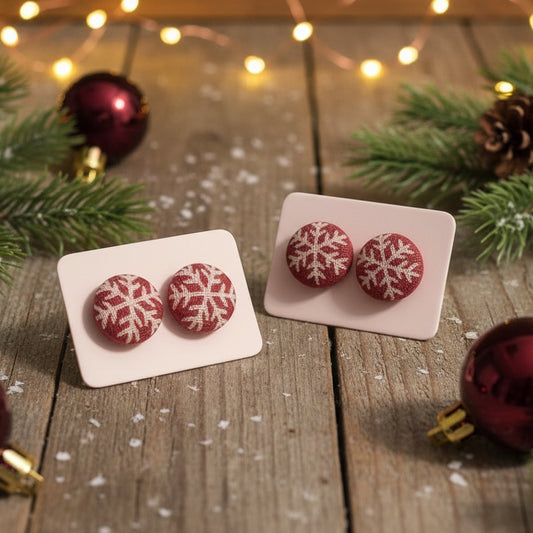 Snow Flurries Snowflake Fabric Button Stud Earrings (13mm)