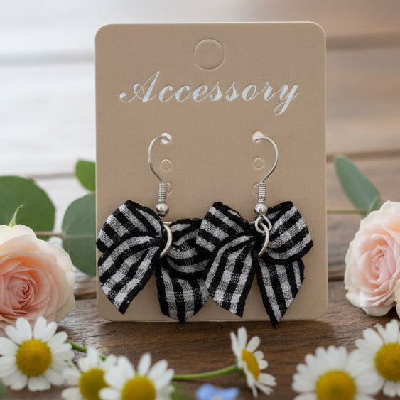 Black & White Plaid Fabric Bow Dangle Earrings