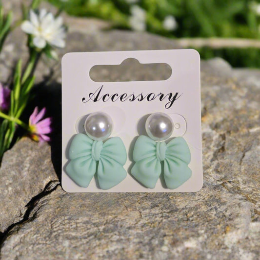Mint Bows & Pearls Earrings