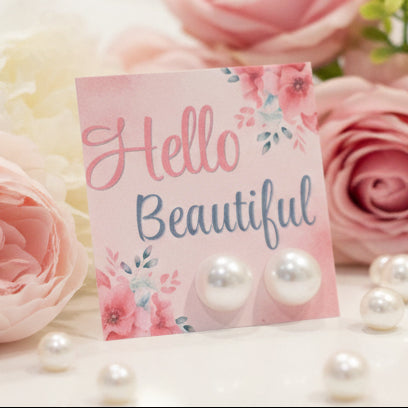 Hello Beautiful, Pink Floral Card with 11mm Half Round Imitation Pearl Earrings