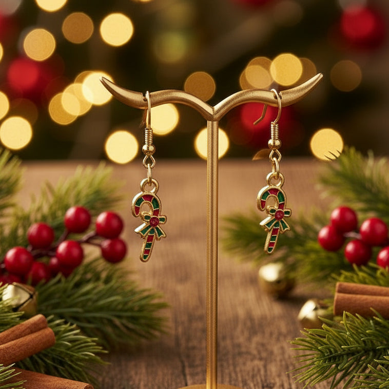 Rhinestone Candy Cane Dangle Earrings