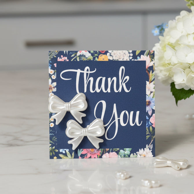 Floral Navy Thank You Card with 18mm Pearly Bow Earrings
