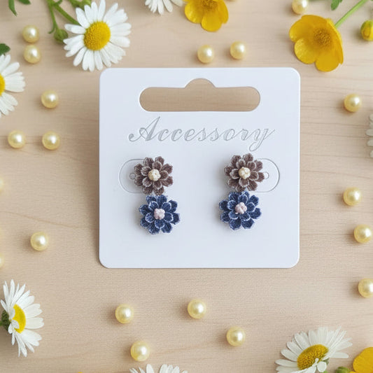 Brown & Blue 9mm Pearly Flower Earring Set