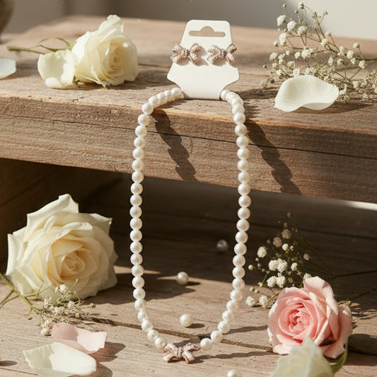 Bows & Pearls Necklace & Earrings Set