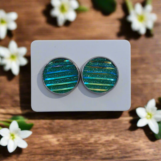 Green Sparkle & Stripes Earrings (14mm)