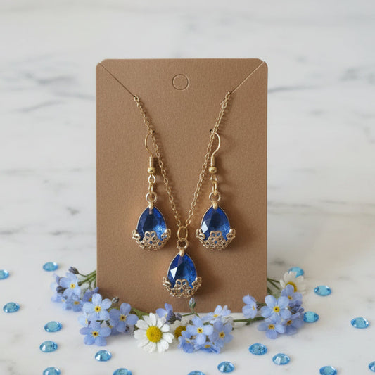 Blue Teardrop Flower Necklace & Earring Set