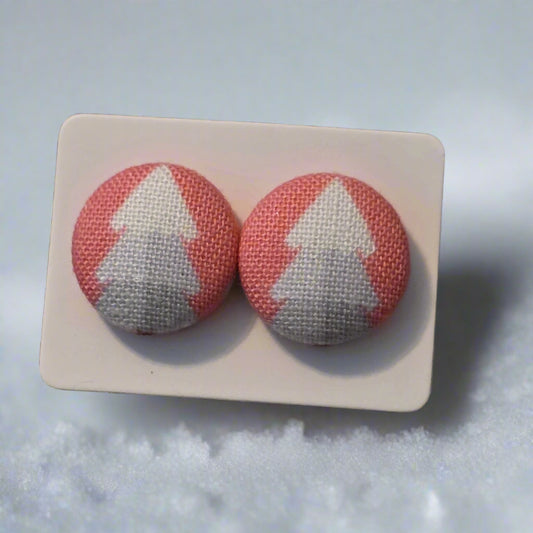 Trees on Pink Fabric Button Stud Earrings (16mm)