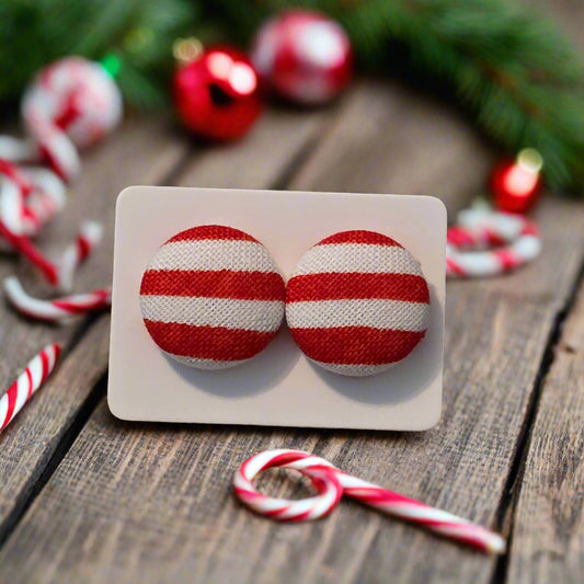 Candy Cane Stripes Fabric Button Earrings