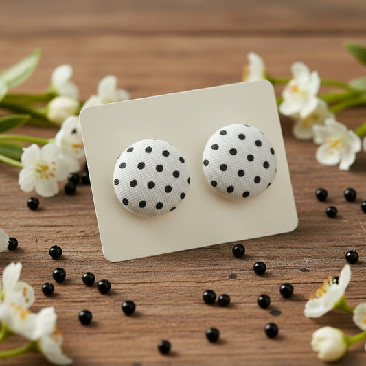 White & Black Polka Dot Fabric Button Earrings (16mm)