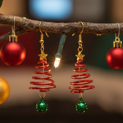 Wire Wrapped Christmas Tree Dangle Earrings with Bell