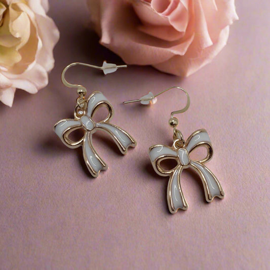 White Bow Dangle Earrings