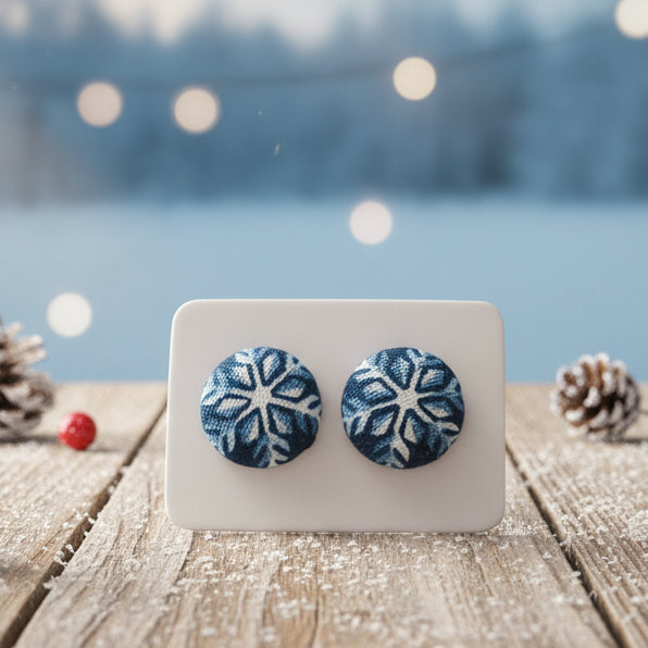 Winter Magic Snowflakes Fabric Button Earrings (13mm)