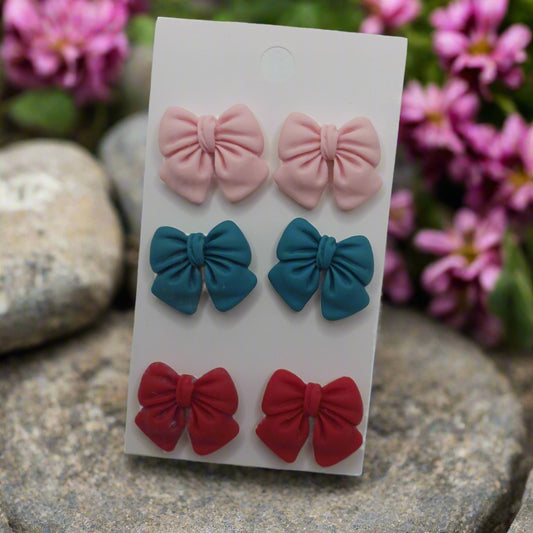 Bow Earring Set (Pink, Teal, Red)