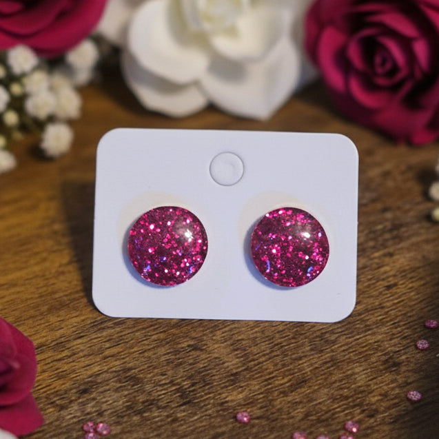 Dark Pink Glitter Stud Earrings (14mm)