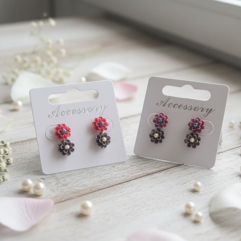 Red & Brown 9mm Pearly Flower Earring Set