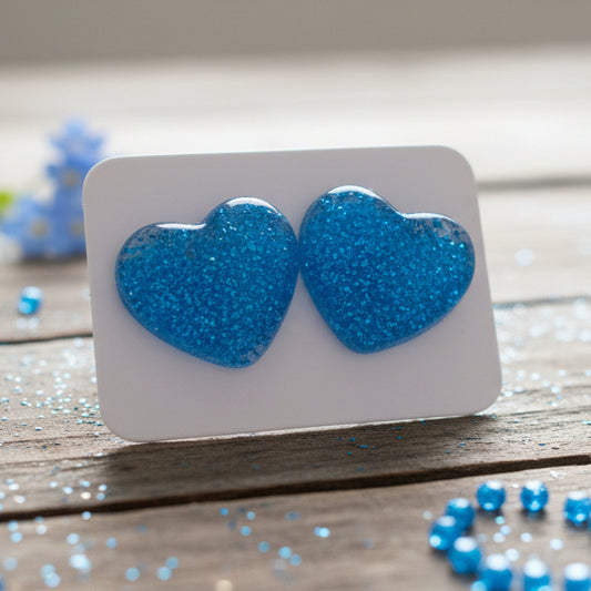 Blue Glitter Heart Earrings (16mm)