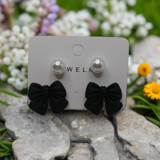 Black Bows & Pearls Earrings